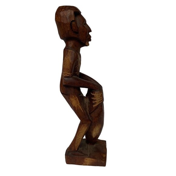 Vintage Wooden Man Carving with Drum - Picture 4 of 7